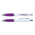 Two plastic pens with a white barrel and purple grip, featuring silver accents. One pen has a clip.