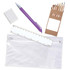 A pencil case containing colored pencils, a purple pen, a ruler, and an eraser.