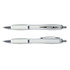 Two translucent pens in white and silver, featuring a sleek design and a silver clip, displayed side by side.