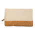 A beige utility case with a cork bottom and a zip closure, featuring a logo on one side.
