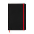 A black A5 notebook with a red elastic band closure. The notebook features a smooth surface and a ribbon marker.