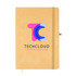 A brown A5 notebook with an elastic band closure and a colorful logo on the cover.