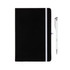 A black notebook with a white elastic band and a silver pen beside it. The notebook has a branding logo.