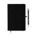 A black notebook with a pen beside it, featuring a logo on the cover. The notebook has an elastic band closure.