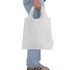 A white reusable shopping bag is being held by a person, featuring a structured design and a small logo.