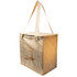 A tan cooler bag with a zip closure, featuring two straps and a logo. It has a clear side panel.