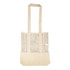 A beige tote bag with mesh panels and two long handles. It features a branding logo.