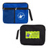 A blue and black utility pouch with a mesh pocket, featuring logos in contrasting colors on each side.