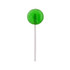 A green lollipop on a white stick, featuring a glossy finish and round shape. Includes a logo.