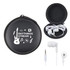 A black carrying case with white branding, containing a pair of white earbuds and a headphone jack.