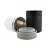A set of food containers in white, black, and gray, featuring stainless steel interiors and lids.