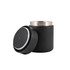 A black food container with a removable lid, featuring a stainless steel inner lining for insulation.