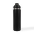 A drink bottle in black stainless steel with a screw-on lid and a logo on the front.