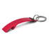 A drink bottle opener key ring in a bright red color, featuring a sleek curved design and attached to a silver key ring.