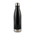 A drink bottle with a sleek black exterior and a stainless steel bottom, featuring a secure screw-on cap.