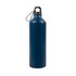 A drink bottle made of aluminium, featuring a dark blue finish and a black cap with a carabiner attachment.