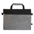 A grey felt satchel with a black top panel, featuring a zippered pocket and a short handle. It has a logo.