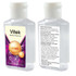 A clear bottle of hand sanitiser with a yellow and purple label, containing 60ml of product and featuring a logo.