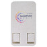 A white phone stand with a speckled texture, featuring a logo on the front and two slots for holding a phone.