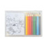 A drawing set with a clear case containing colored pencils in various hues and a coloring sheet featuring a cartoon character.