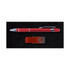 A red pen and a red USB flash drive are presented on a black textured background. The pen has a silver clip.