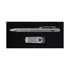 A silver pen and a silver USB drive, presented on a dark textured background, includes branding elements.