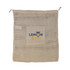 A natural-coloured mesh bag featuring a logo and a square patch with text.