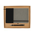A gift set featuring a grey and black notebook and a black pen, packaged in a simple cardboard box.