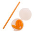 A silicone straw in a case, with the straw coiled inside the container. Both the straw and the case are orange in color.