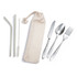 A stainless steel cutlery and straw set in a calico pouch, featuring a spoon, fork, knife, and cleaning straw.