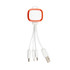 A charging cable with three connectors, featuring a white body and an orange accent, and a branding logo.