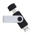 A black and white swivel USB flash drive featuring dual connectors. It has a plastic cap to cover the USB port.