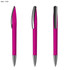 A pink plastic pen with a shiny silver clip, displayed from multiple angles. It features a sleek, transparent design.