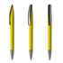 A set of three plastic pens in bright yellow with chrome accents, featuring a sleek design and an attached clip.