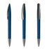 A plastic pen in a deep blue colour with a shiny silver clip and tip, featuring a branding logo.