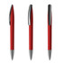 A red plastic pen with a smooth finish and metallic accents, featuring a logo on its side.