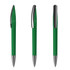 A green plastic pen with a shiny silver clip and tip, displayed from three different angles.