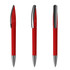 A set of three red plastic pens featuring a shiny chrome clip and accents. Each pen has a sleek, modern design.