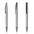A plastic pen in light grey with black accents, featuring a sleek design and a clip. It has a branding logo.