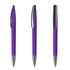 A purple plastic pen with silver accents, displayed from three different angles. It features a sleek design and a clip.