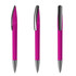 A pink plastic pen with a chrome clip and tip, displayed from three different angles. Features a simple design.