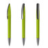A green plastic pen with a silver clip, displayed in three angles, showcasing its sleek design.