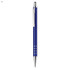 A blue metal pen with a sleek design, a silver clip, and decorative holes on the barrel.