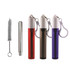 A set of four travel bottles in red, brown, and purple, with a cleaning brush and a keychain attachment.