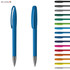 A blue plastic pen with a sleek design and a silver tip, alongside a variety of other coloured pens.