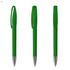 A green plastic pen with a transparent cap and chrome nib, featuring a logo.