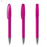 Three transparent pink plastic pens with a sleek design and chrome tips, featuring a clip on each cap.