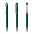 Three green plastic pens with silver accents, featuring a clip and a smooth barrel design.