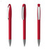 A red plastic pen with a sleek design and a shiny silver clip, showcased in three different angles.