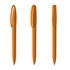 Three plastic pens in bright orange, with a sleek design and clip, featuring a logo on the side.